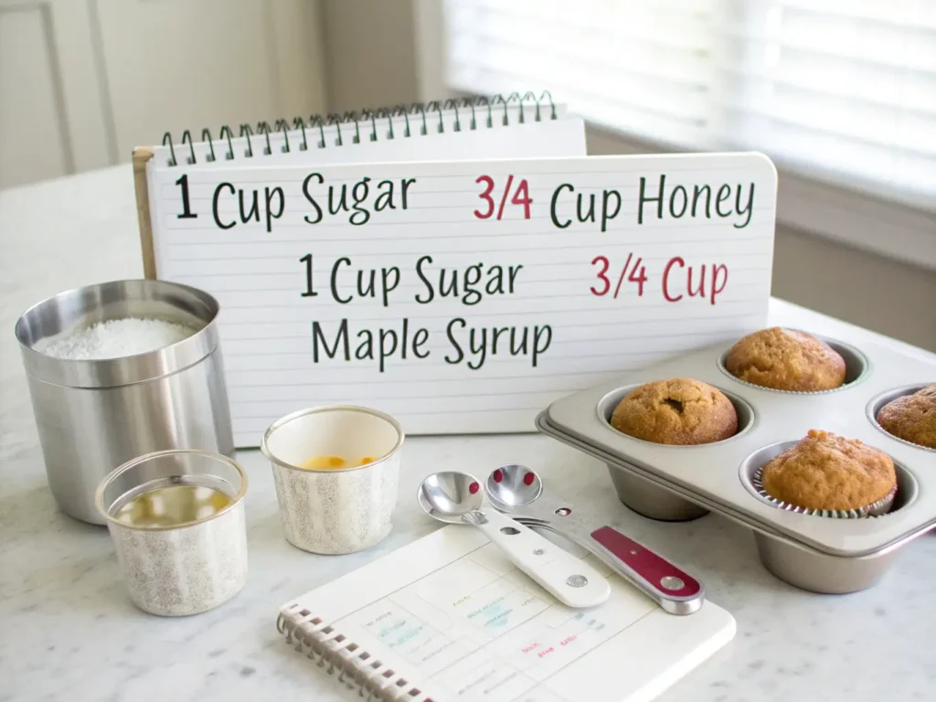 Measuring tools showing sweetener substitution ratios for gluten-free banana bread baking.