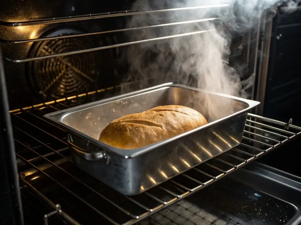 Oven interior showing bread baking with steam visible, metal pan