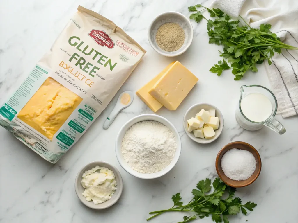 Overhead view of gluten-free biscuit ingredients including flour blend, butter, cheddar cheese, and seasonings arranged on marble countertop