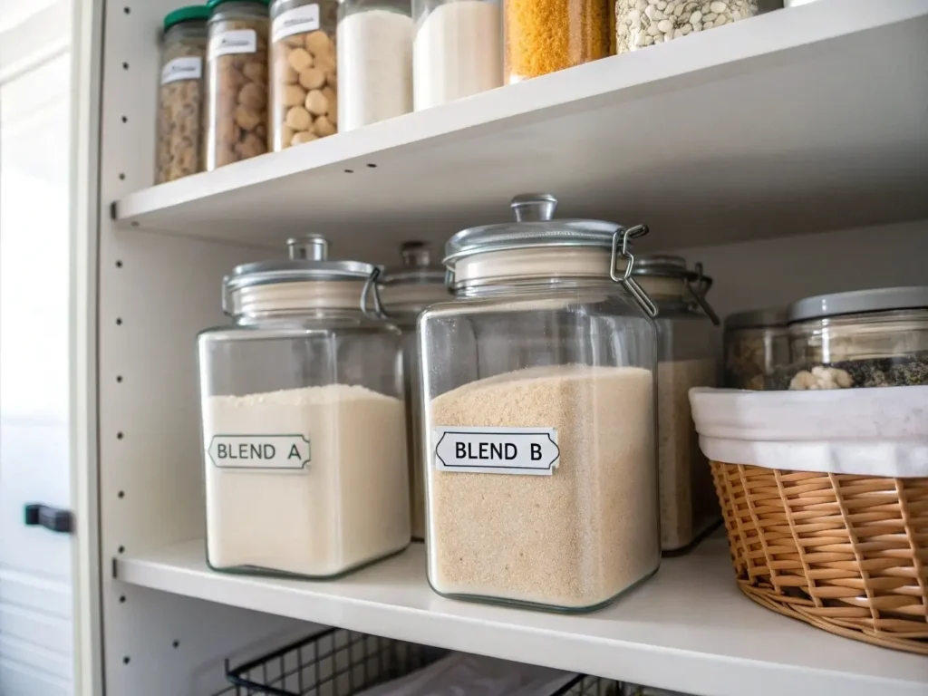  labeled airtight glass jars and containers with flour blends inside a pantry cabinet. Silica packet and labels like “Blend A,” “Blend B” shown. Natural pantry light and soft organization aesthetic