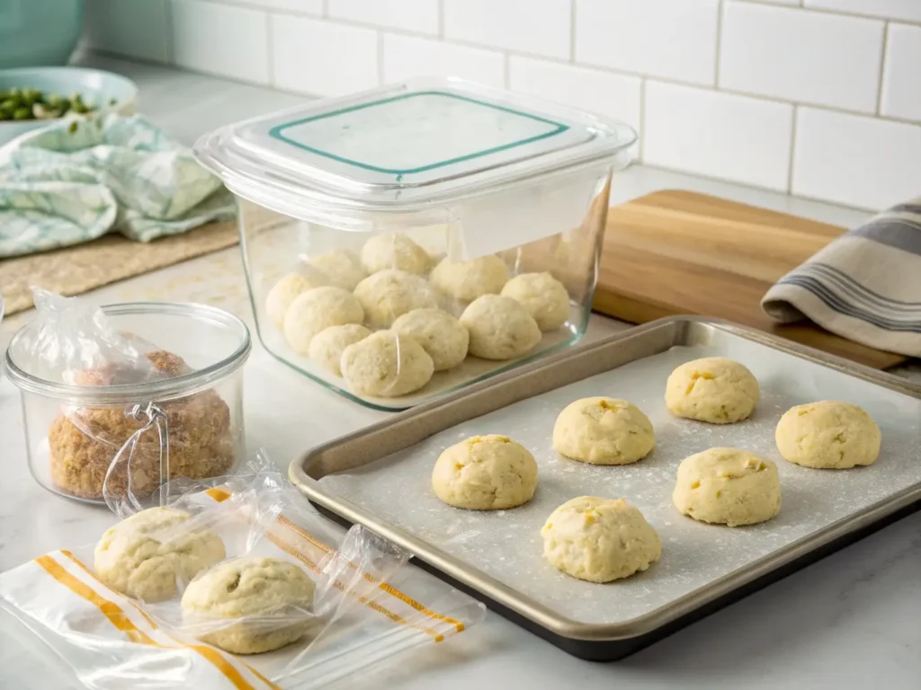 Gluten-free drop biscuits stored in airtight container with frozen dough balls for make-ahead preparation