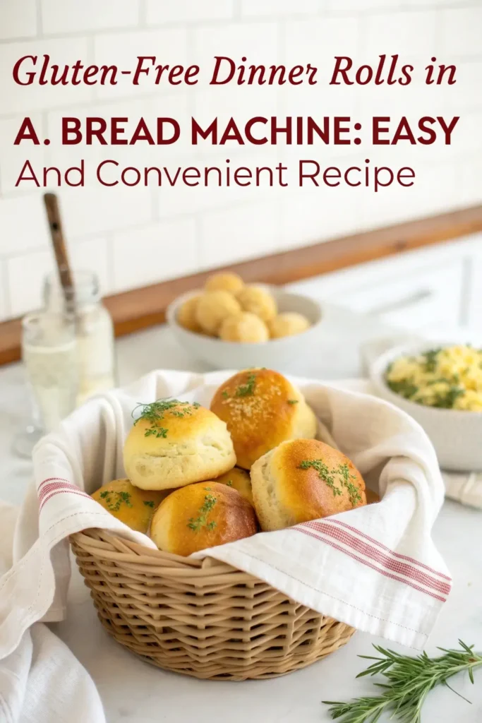 Pinterest style image of golden gluten-free dinner rolls in a rustic wicker basket lined with white linen, natural warm lighting, styled with melted butter and fresh herbs, clean and cozy kitchen setting