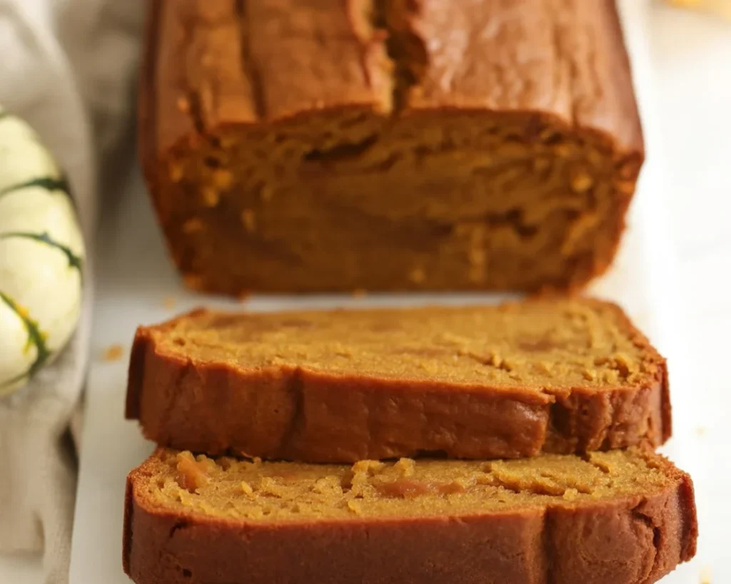 Moist gluten-free pumpkin sweet bread loaf with spices and pumpkin puree.