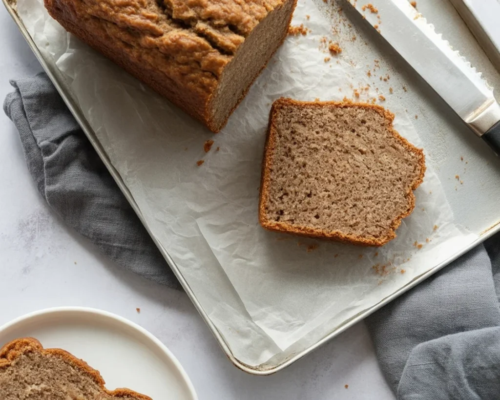Gluten-Free Buckwheat Banana Loaf topped with banana slices and walnuts