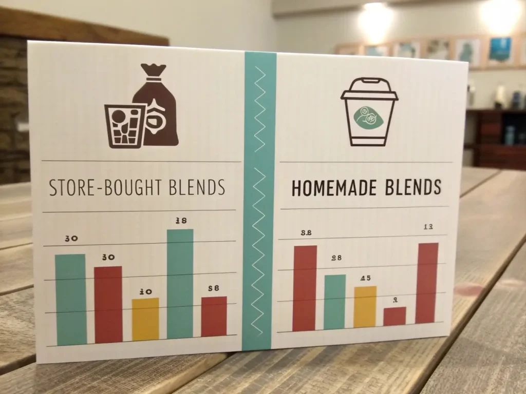 Side-by-side bar graph-style image showing “Store-Bought Blends vs. Homemade Blends” with price differences visually illustrated