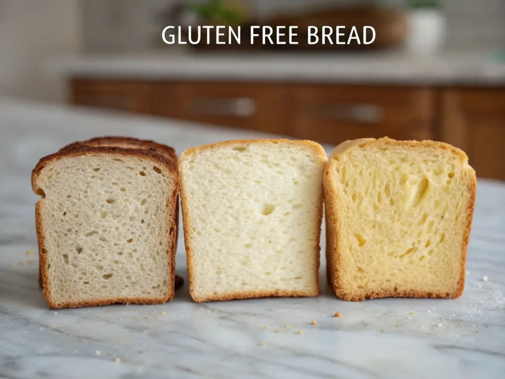 Side-by-side comparison of three gluten-free bread slices: one dense and dry, one gummy and underbaked, and one perfectly airy and golden