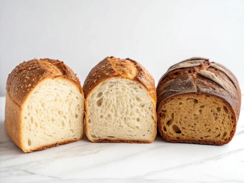 Side-by-side comparison of three gluten-free sourdough loaves showing different crust outcomes: one with perfect golden crispy crust (ideal), one with pale soft crust (problem), and one with overly dark tough crust (problem).