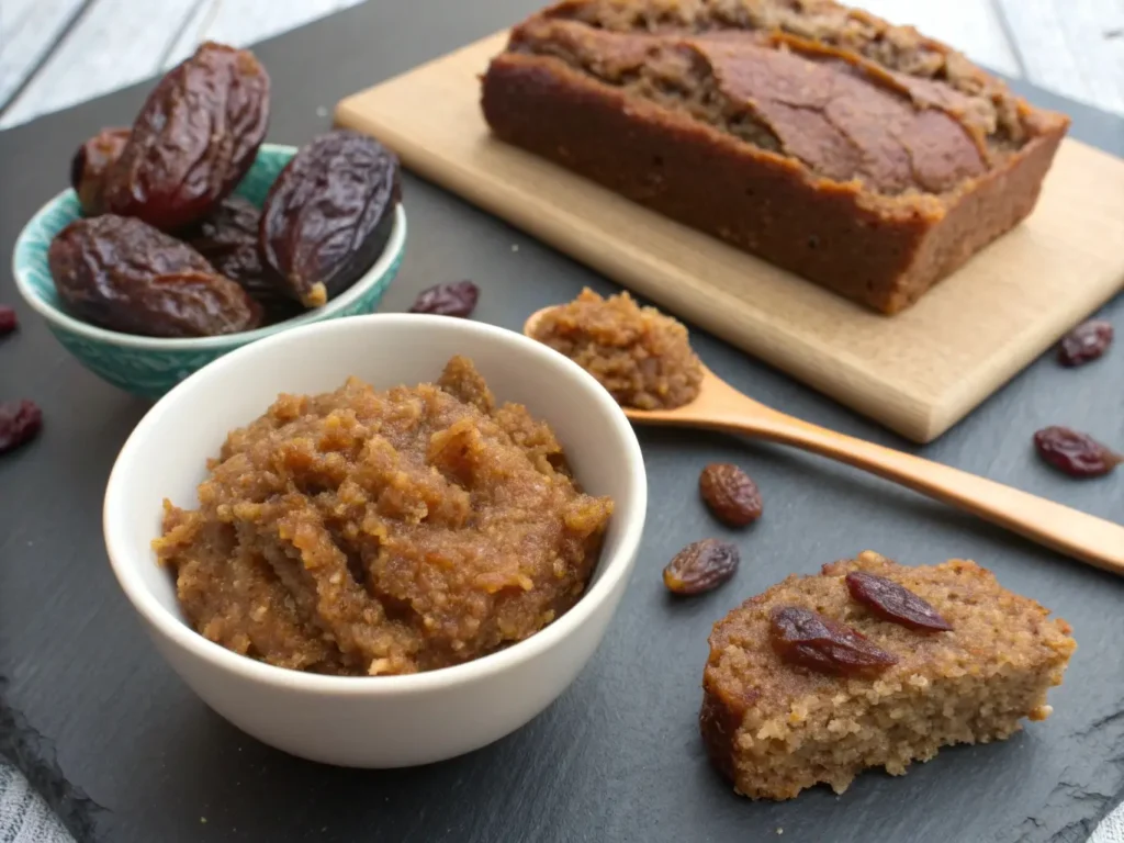 Comparison of date sugar granules and smooth date paste with whole dates and banana bread slice