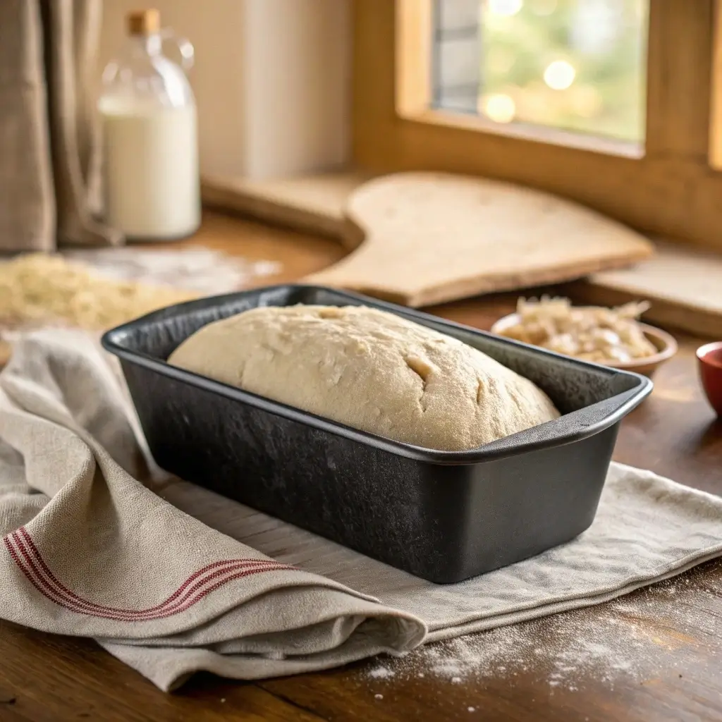 bread batter in greased loaf pan showing perfect rise level