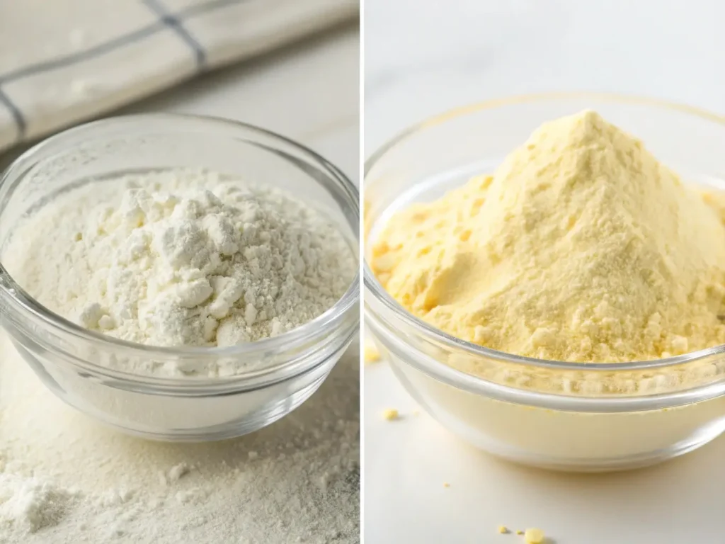 Side-by-side comparison showing premium cream-colored fine xanthan gum versus lower-quality yellowish coarser xanthan gum in clear containers.