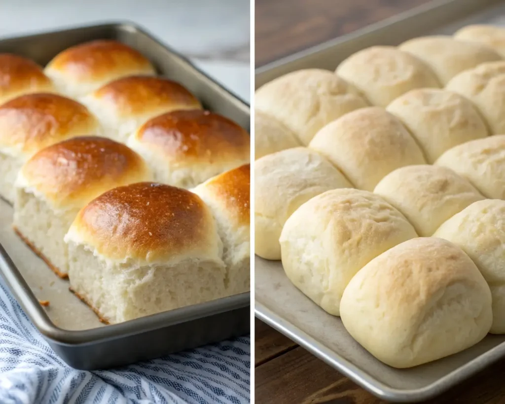 Before and after comparison showing dense failed gluten-free rolls versus perfect fluffy results using proper bread machine technique