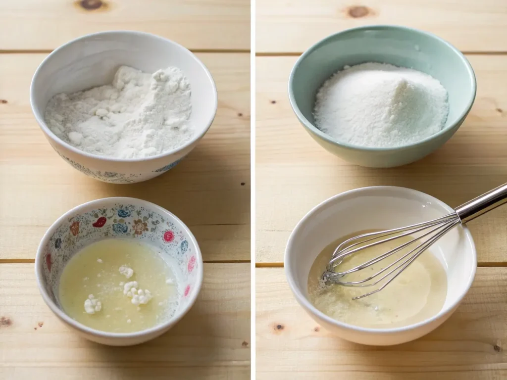 Four-step sequence showing xanthan gum pre-hydration process: dry powder, water addition, whisking action, and final gel-like consistency in bowls.