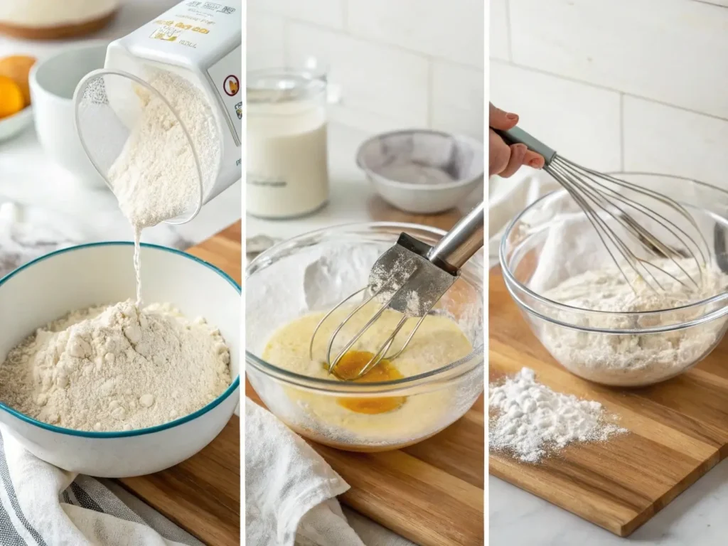 Step-by-step visual: a set of three images in a row—Step 1: sifting flour into a bowl, Step 2: whisking with a balloon whisk, Step 3: shaking a closed container. Clean kitchen setup, white and wood tones.