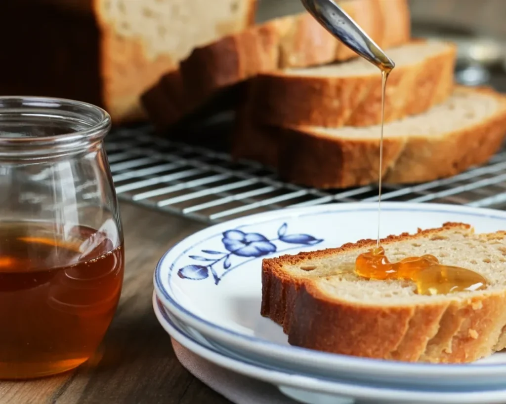 Freshly baked gluten-free honey bread with a soft texture and wholesome ingredients.