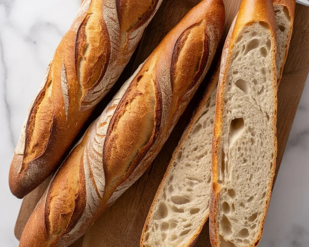 Freshly baked gluten-free baguettes with a crusty exterior and soft interior.