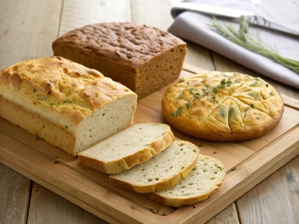 Three different gluten-free breads on wooden cutting board: sandwich bread (rectangular slices), artisan round (rustic with scoring marks), and flatbread (golden and herbs visible)