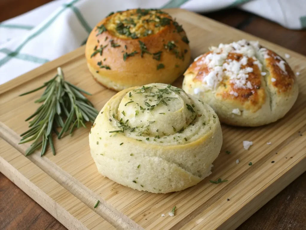 Three gluten-free dinner roll flavor variations: herb butter, honey-sweetened, and garlic parmesan styles on wooden serving board