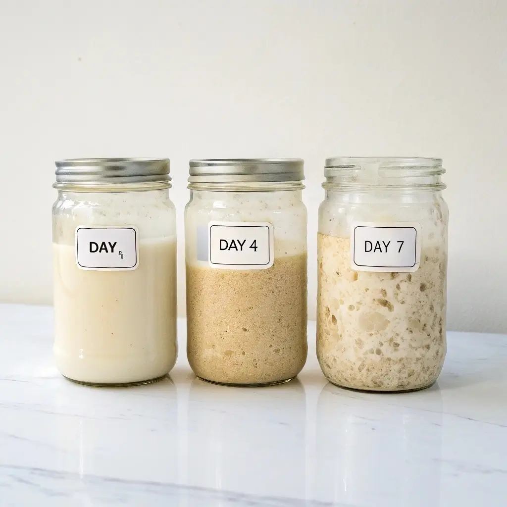 Three glass jars showing gluten-free sourdough starter at different stages: day 1 (just mixed), day 4 (bubbling), day 7 (fully active and doubled)
