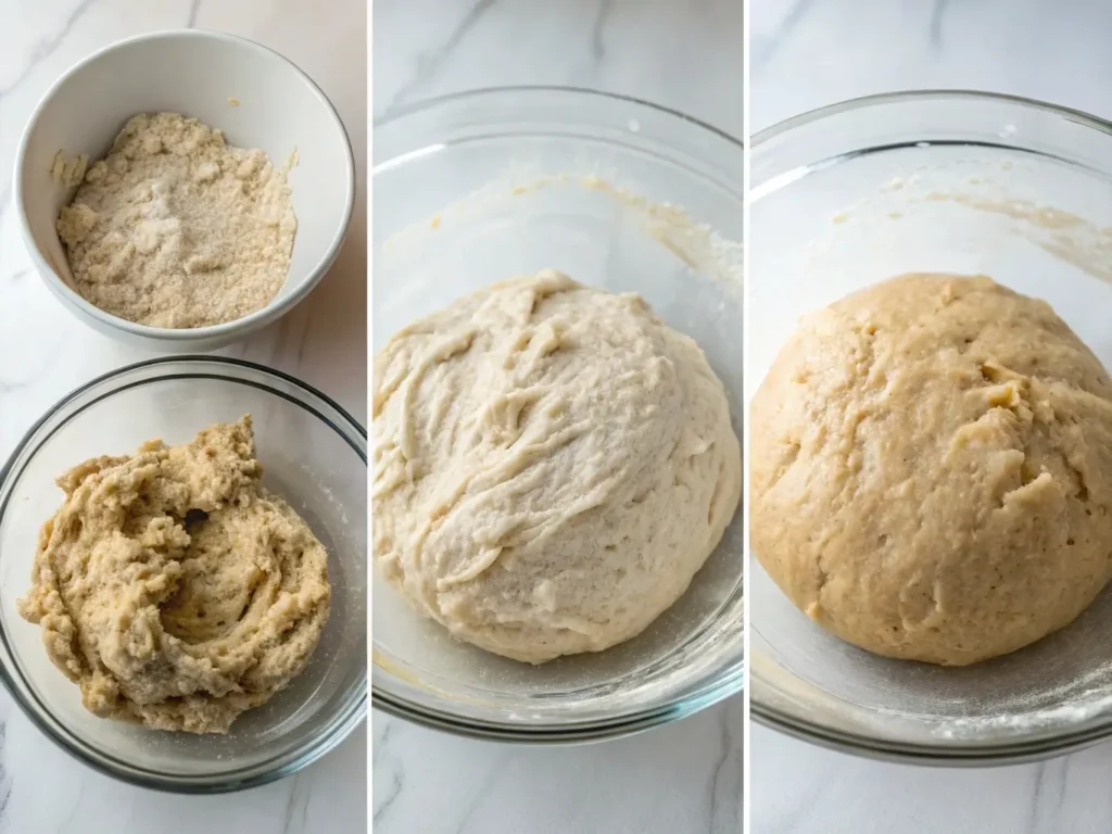 Three glass bowls showing different gluten-free dough textures: properly mixed smooth dough, over-mixed tough dough, and under-mixed streaky dough for comparison.