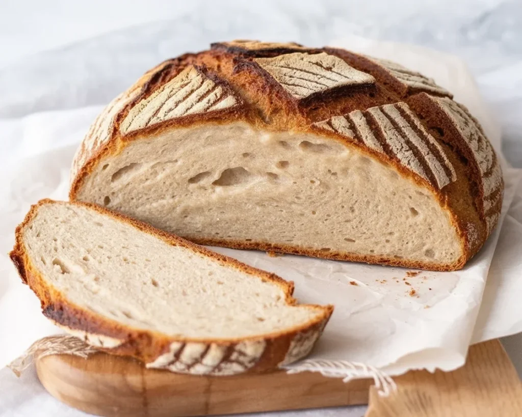 Freshly baked psyllium husk gluten-free bread loaf on a wooden cutting board.