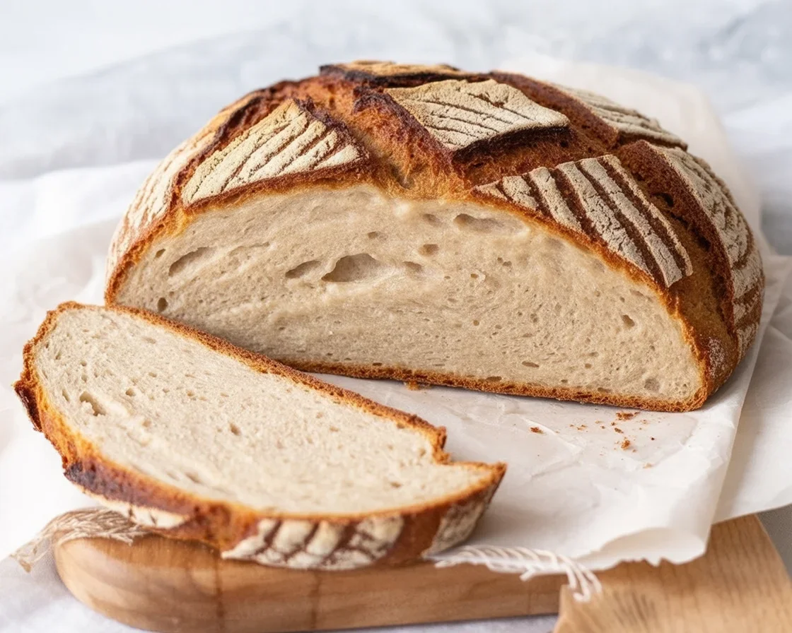 Freshly baked psyllium husk gluten-free bread loaf on a wooden cutting board.