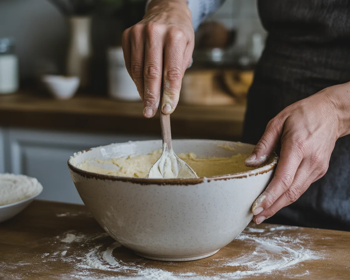 a hands shaking gluten free dairy free cornbread ingredients inside a bowl