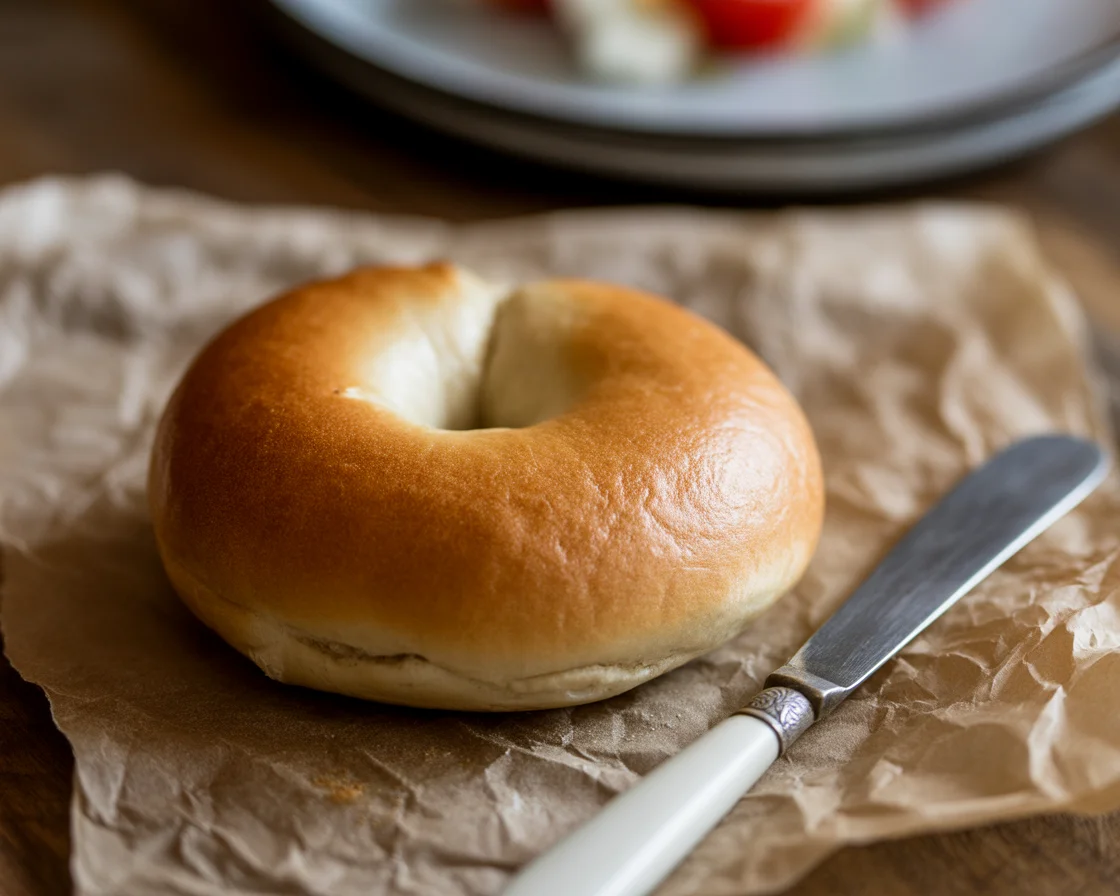 a photo of one piece of gluten-free dairy-free Bagel in rustic table with a knife beside it