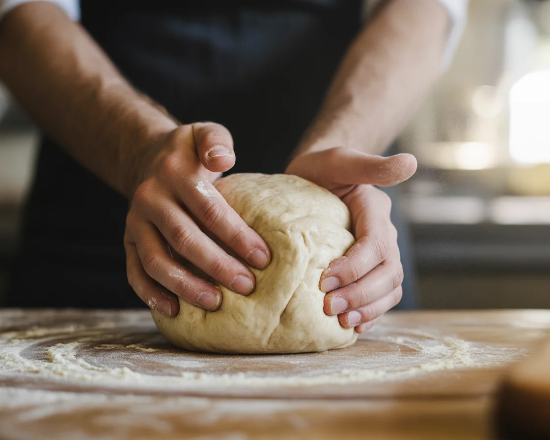 a hands mixing gluten free dairy free bagel process