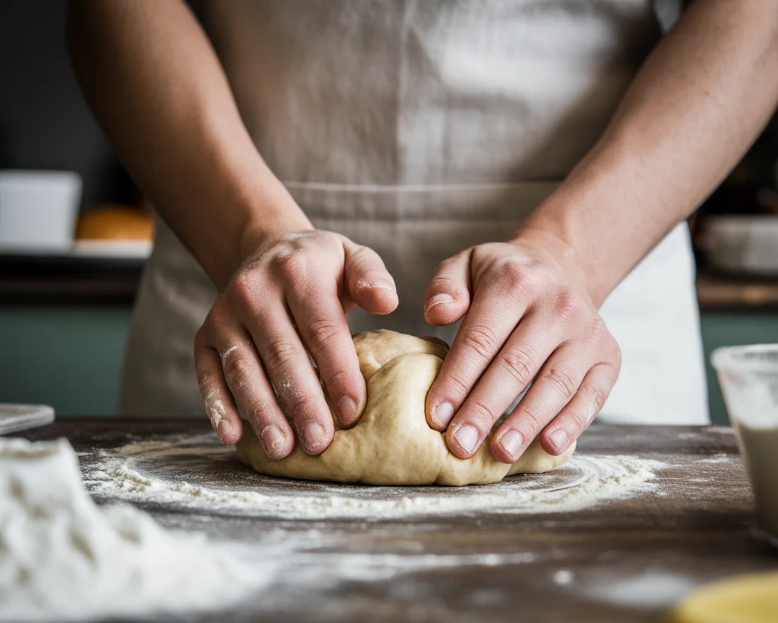 a hands shaping the Gluten-Free Dairy-Free Cinnamon Rolls using flour on a rustic wood