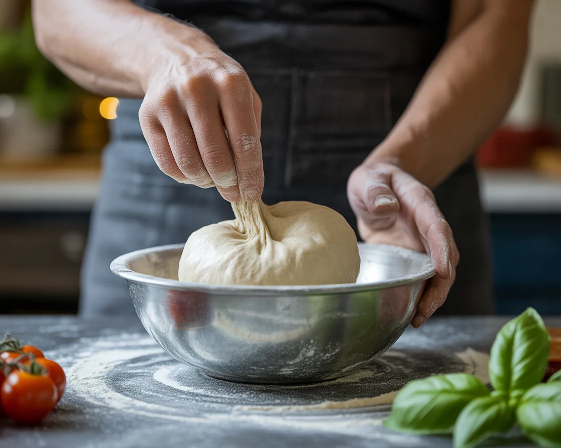 a hands shaping the Gluten-Free and Dairy-Free Pizza Dough and make it ready for baking