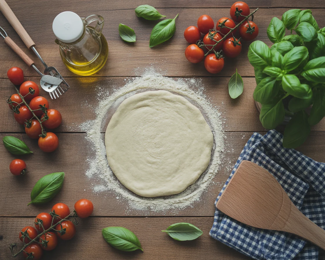 photo showing a preready Gluten-Free Dairy-Free Pizza Dough and some tomatos with olive oil