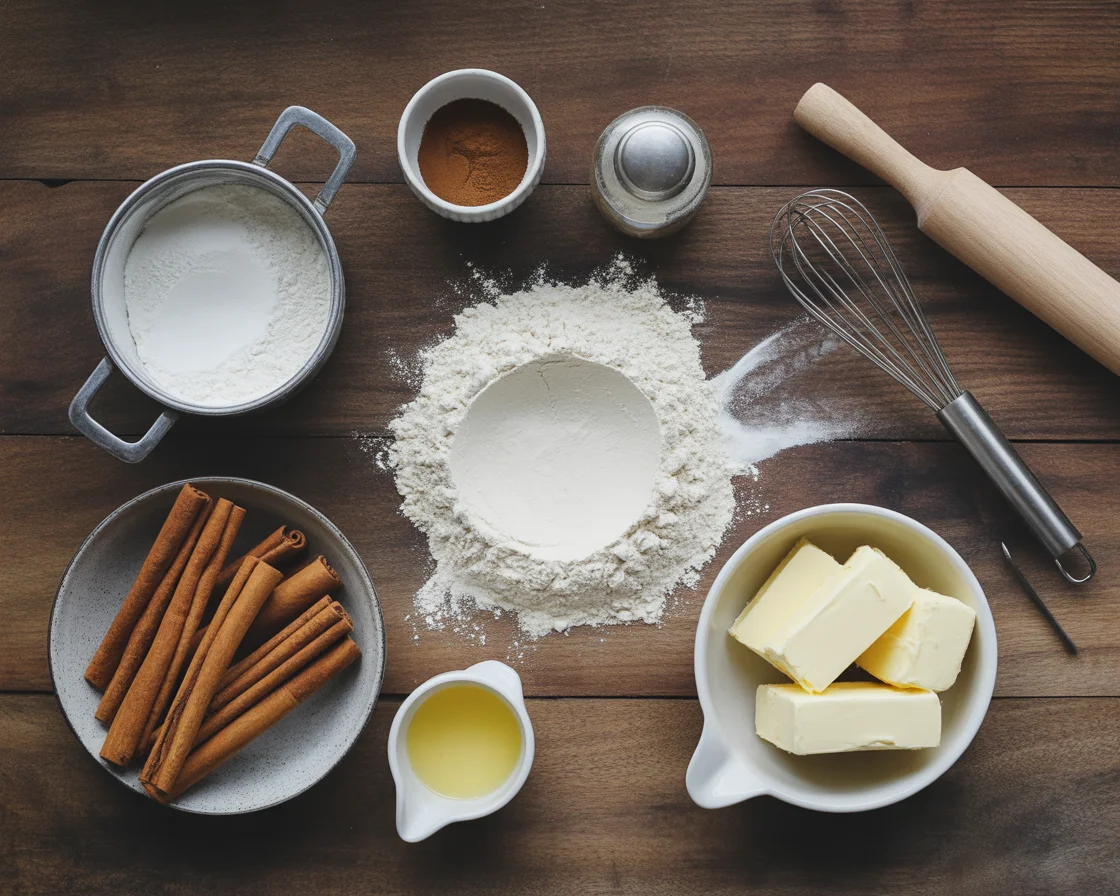a head shot showing the ingredients of Gluten-Free Dairy-Free Cinnamon Rolls Recipe on a wooden table