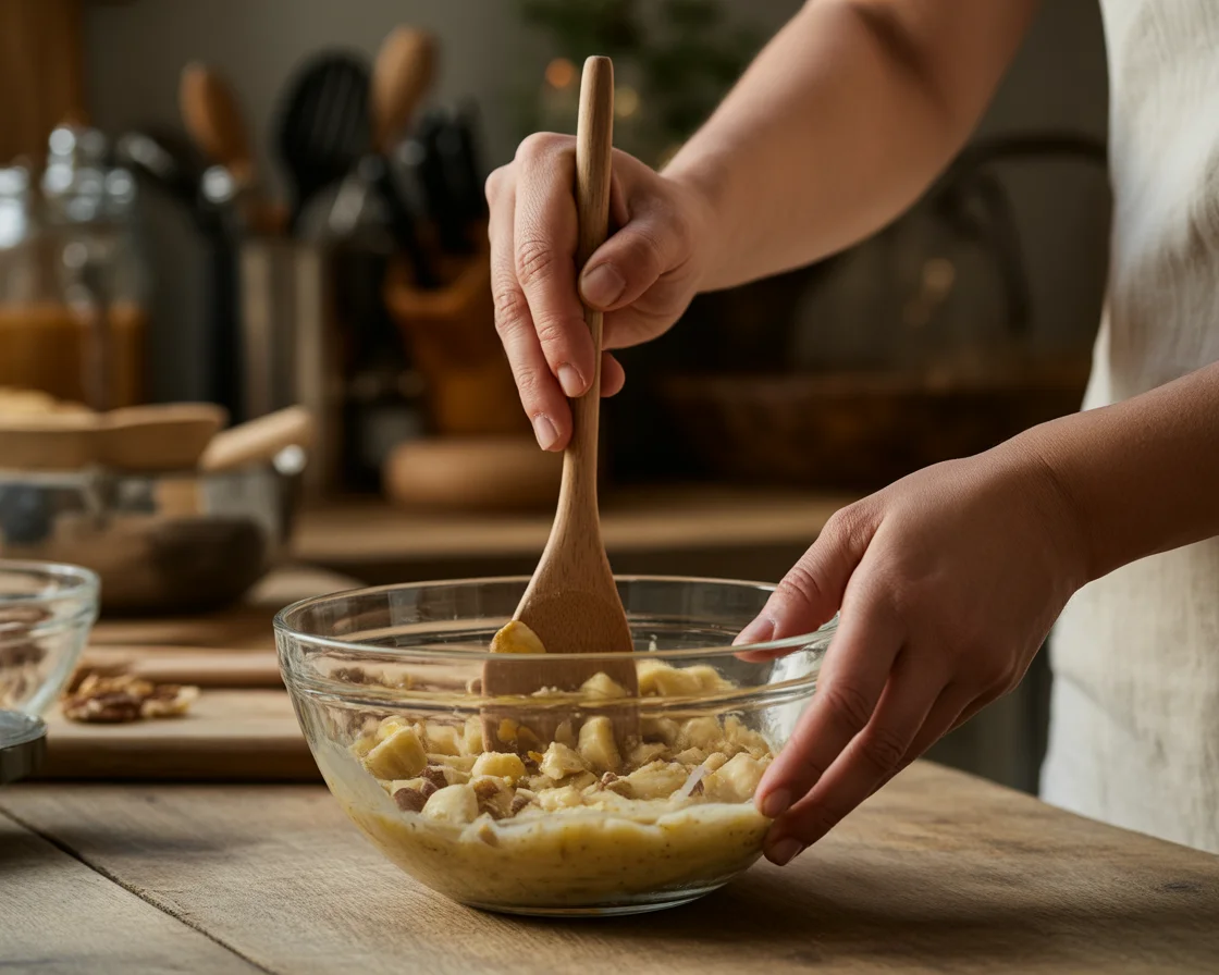 A hand mixing the ingredients of Slow Cooker Gluten-Free Banana Bread with a wood spoon