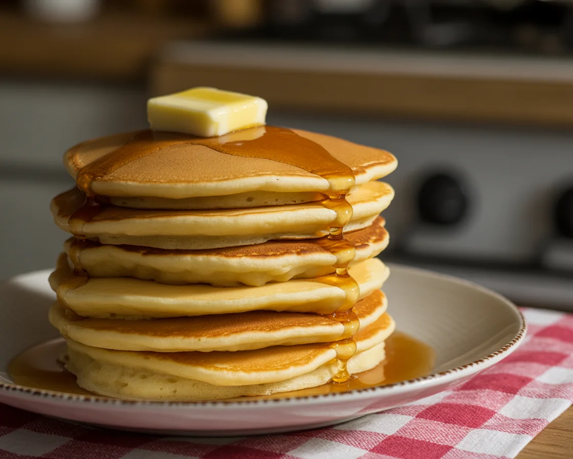 A photo showing a fluffy Gluten-Free Sourdough Pancakes with honey and butter upside it