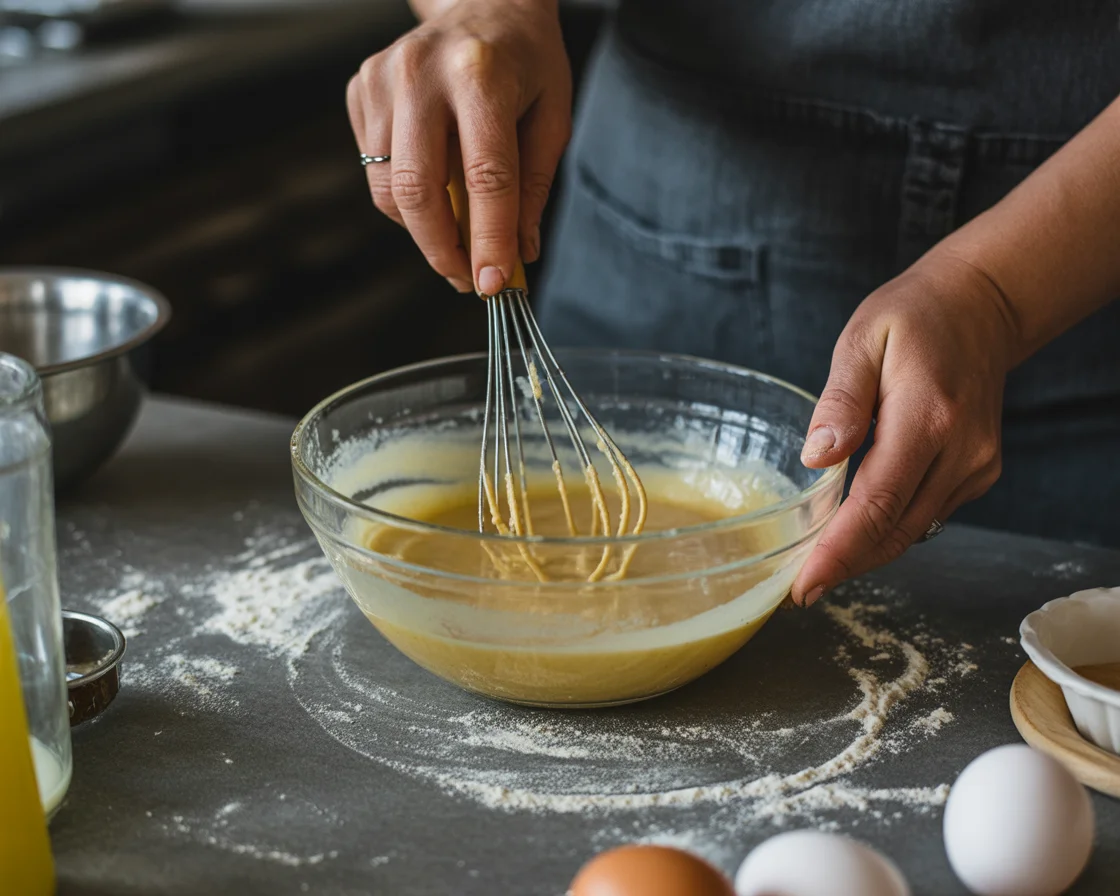 A hand shaking and mixing the ingredients of Gluten-Free Sourdough Pancakes Recipe inside a bowl