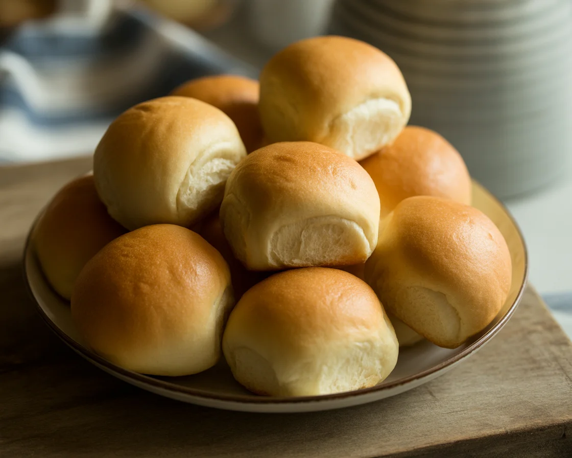 A golden Vegan Gluten-Free Dinner Rolls in ceramic plate on wooden table