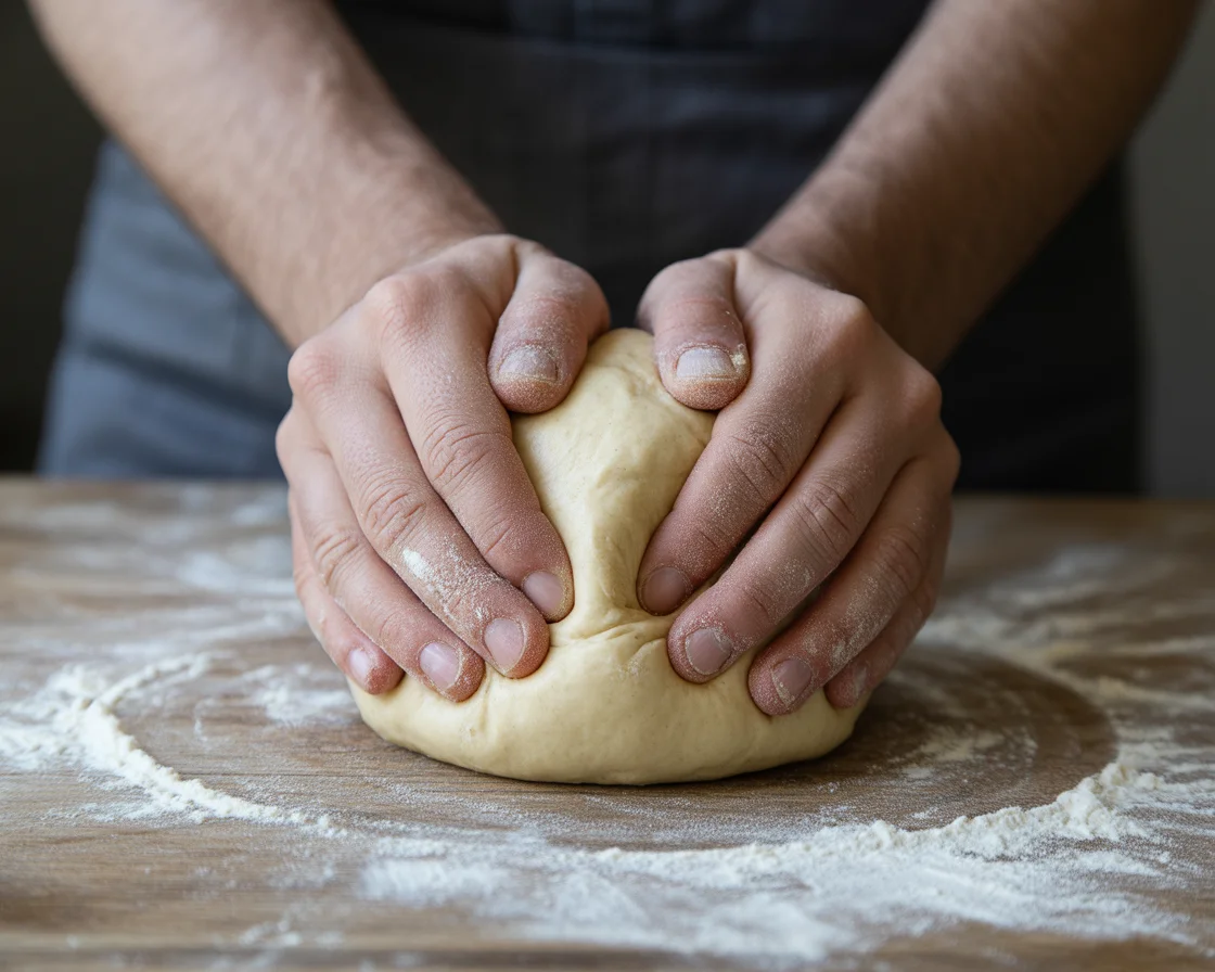 A two hands mixing the ingredients of vegan gluten-free dinner rolls on rustic wood