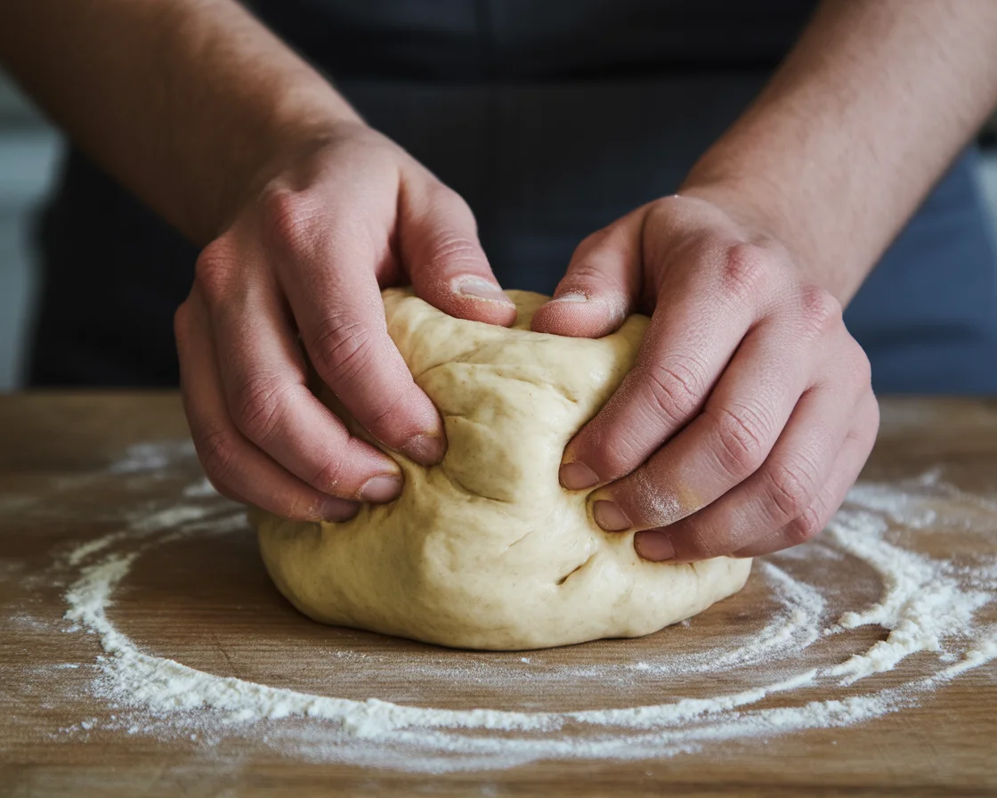 A two hands mixing the ingredients of gluten-free cheddar cheese dinner rolls recipe in woden table
