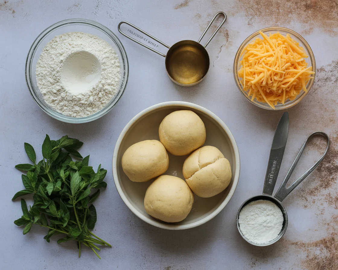 A head-shot showing all the Ingredients of gluten-free cheddar cheese dinner rolls recipe