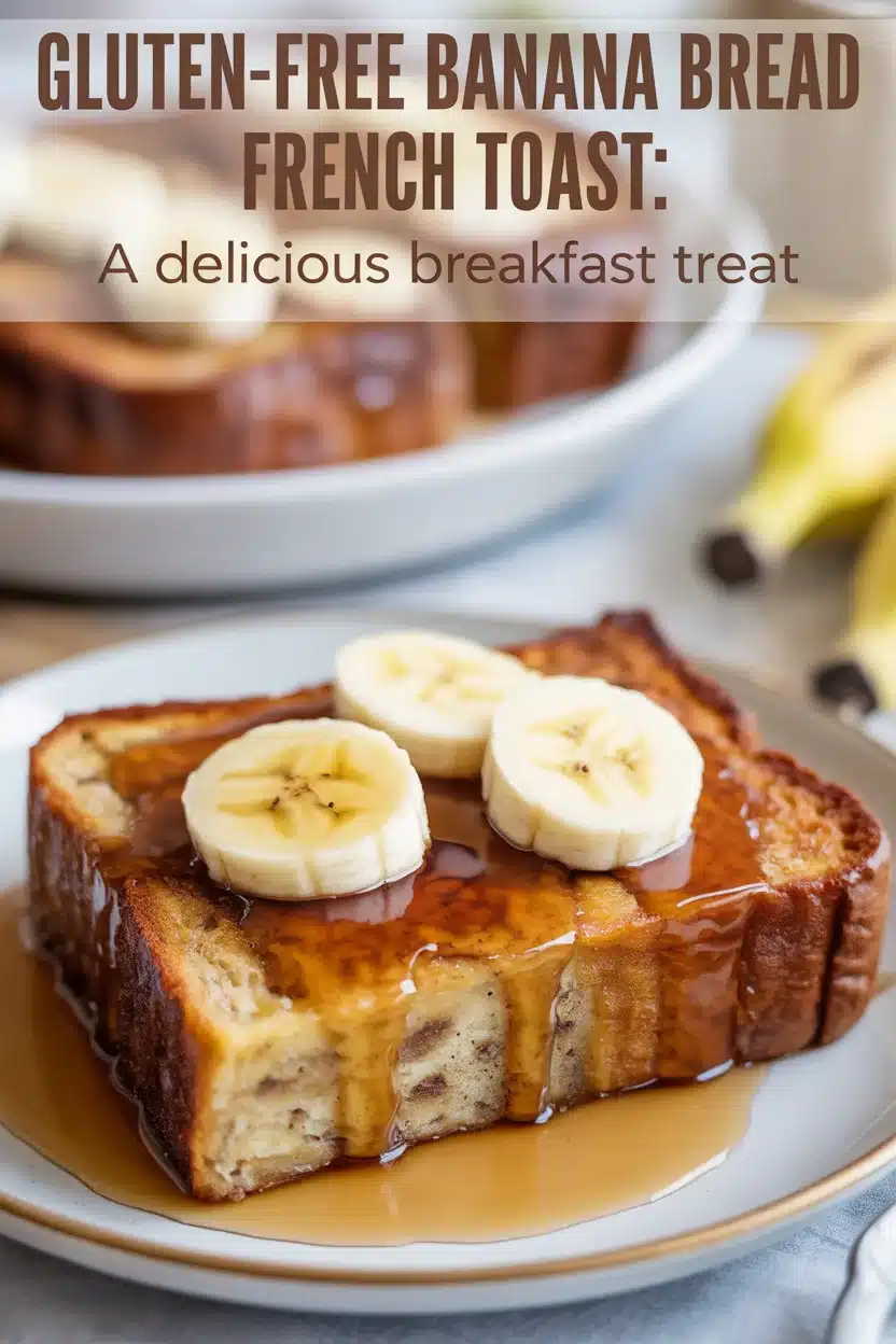 A Pinterest style image showing a gluten-free banana bread french toast on a white plate with honey glaze and cutting bananas
