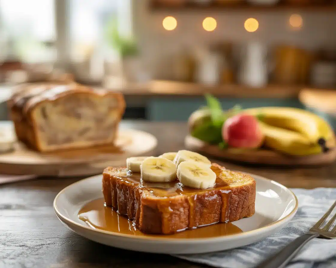 A delicious breakfast treat of gluten-free banana bread french toast on a white plate with honey glaze