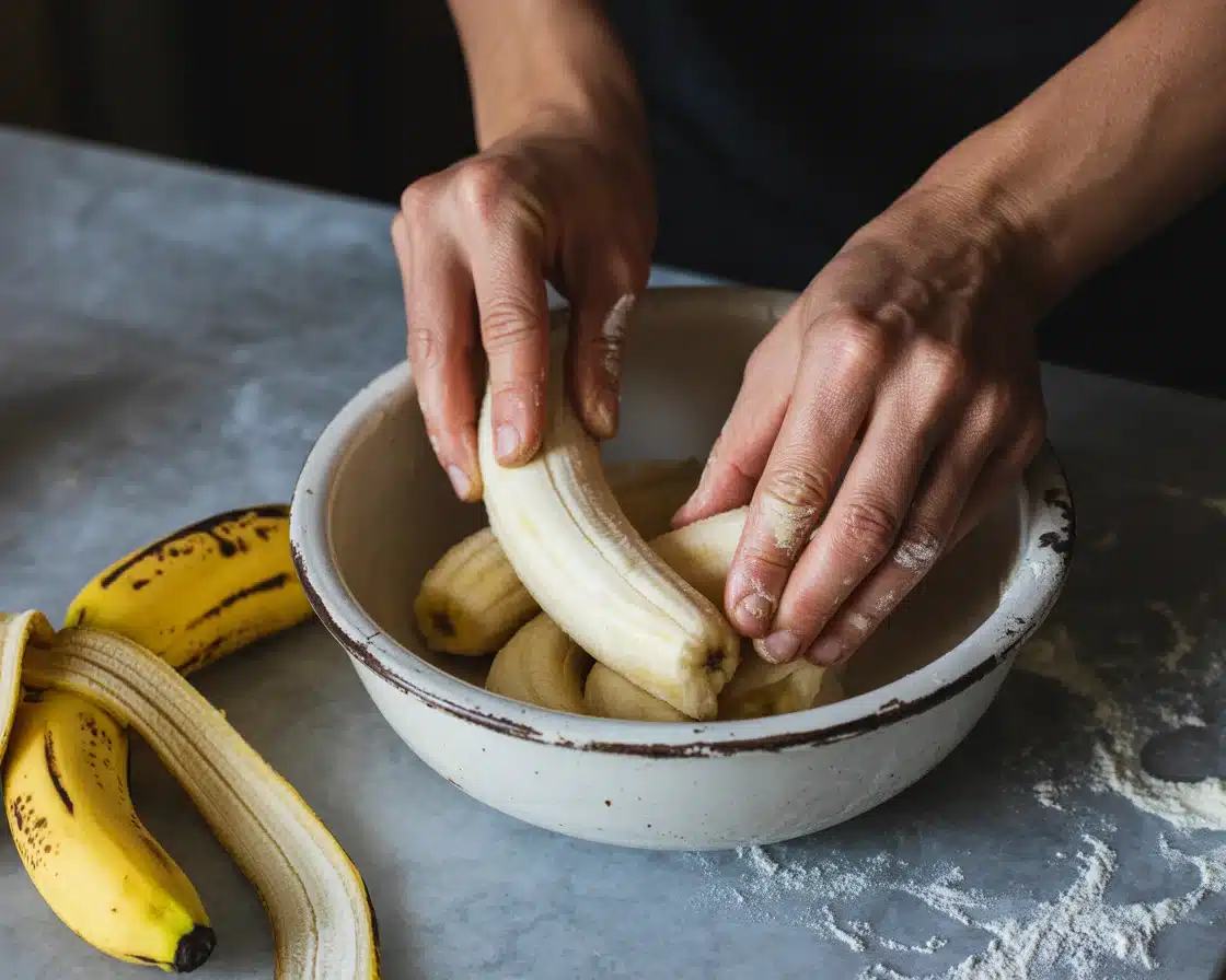 Mixing the ripened bananas in a bowl