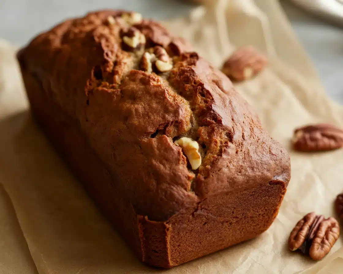 A golden piece of egg-free gluten-free banana bread on a cooking paper