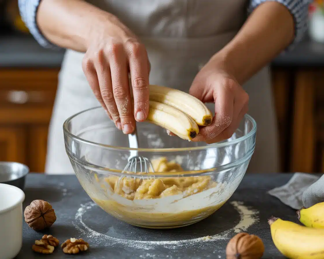 A hands mixing the ingredients of Egg-Free Gluten-Free Banana Bread Recipe in a big bowl