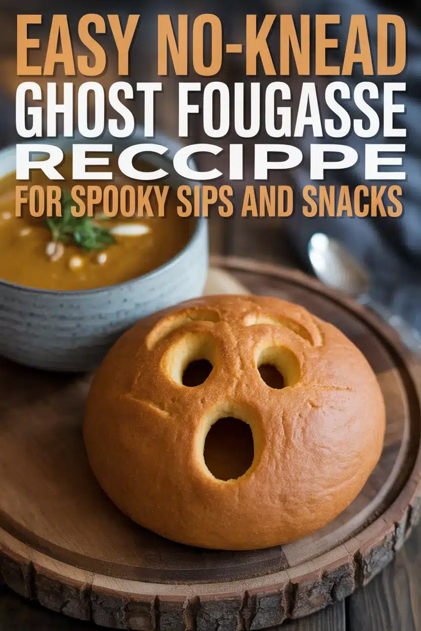 A Pinterest style image of no-knead ghost fougasse on a rustic wooden table