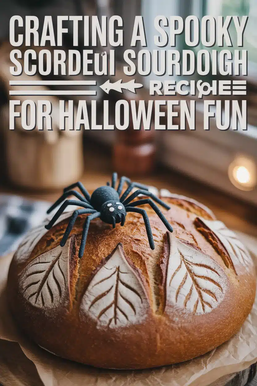 A Pinterest style image for spooky scored sourdough