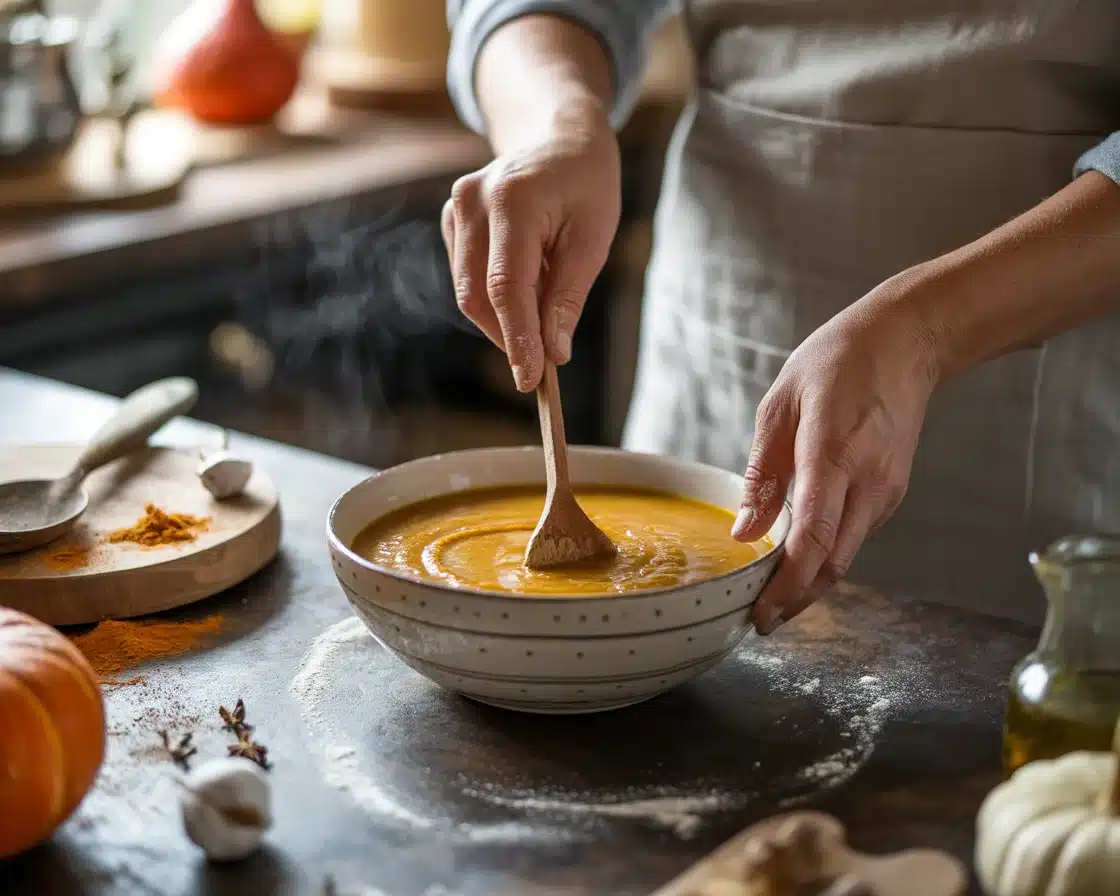  A hands mixing the ingredients of No-Knead Ghost Fougasse Recipe with a wooden spoon on a ceramic bowl