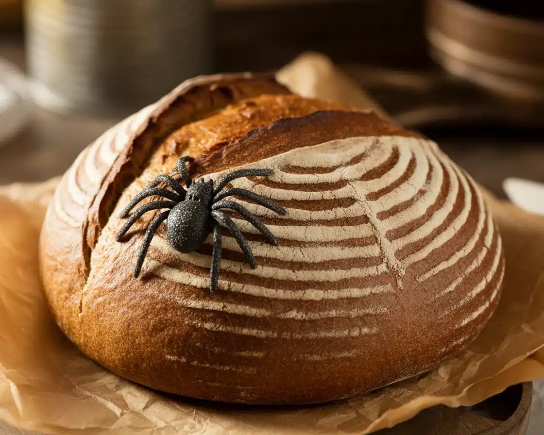 A close-up shot of Spooky Scored Sourdough on rustic table