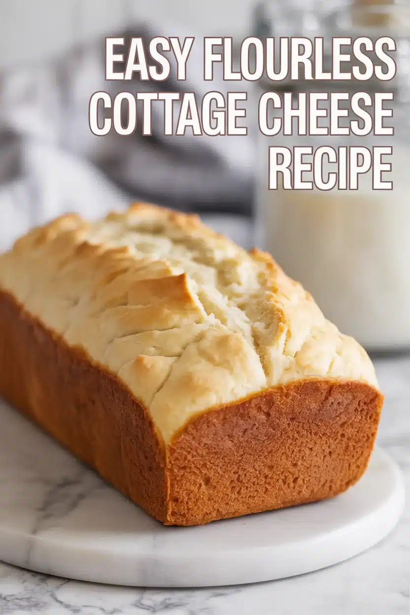 A Pinterest style image of Flourless Cottage Cheese Bread on marble table