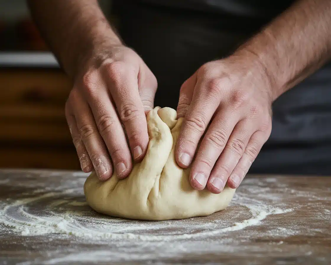 A hands shaping the dough using gluten free flour on a woden table